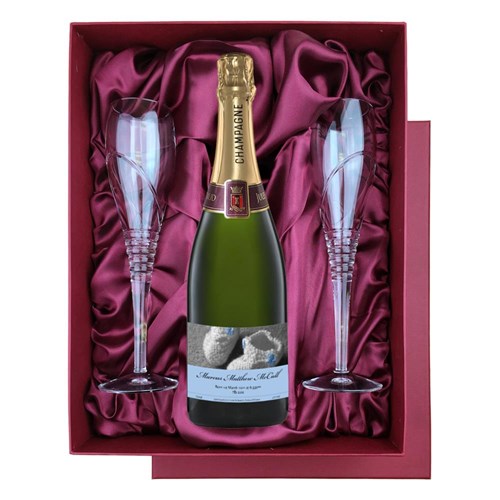 Personalised Champagne - Baby Boy Label in Red Luxury Presentation Set With Flutes